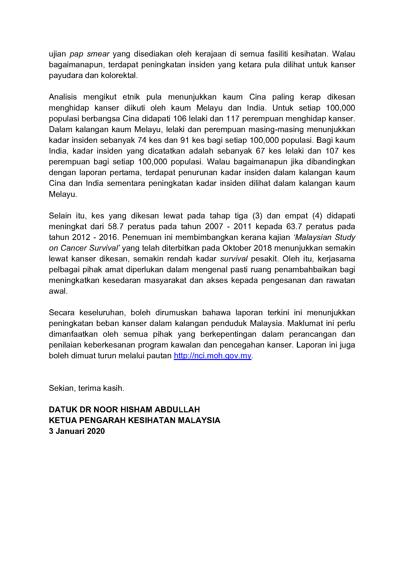 KENYATAAN AKHBAR KPK 3 Januari 2020 PENERBITAN MALAYSIA NATIONAL CANCER REGISTRY REPORT 2012 2016 Page 2